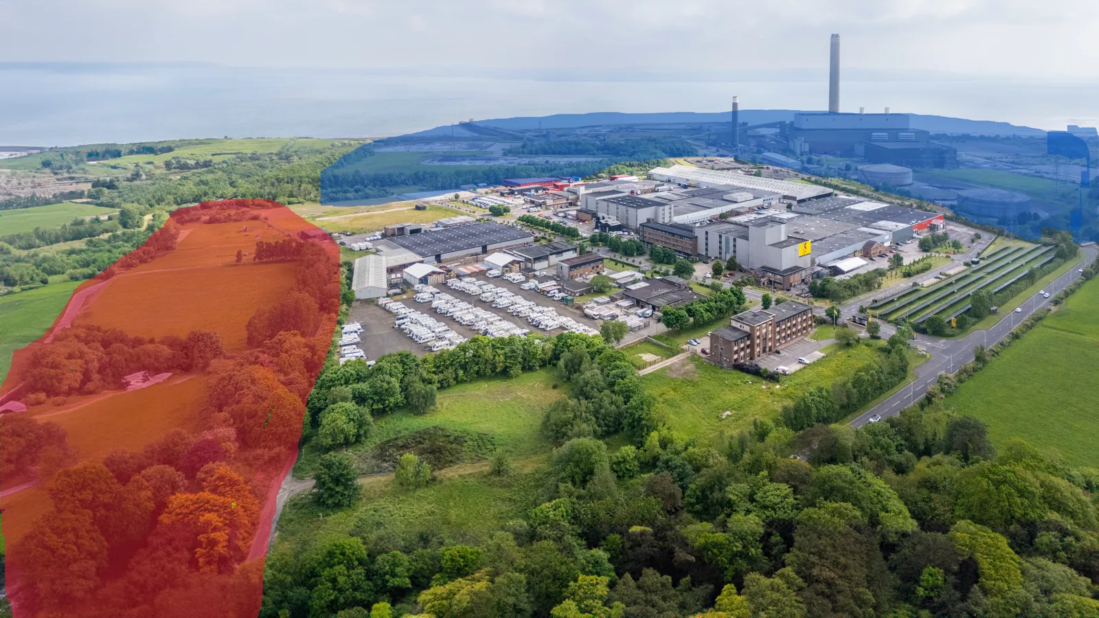 Aerial view showing the relationship between Kilroot Power Station, the proposed Energy Park and the wider business park